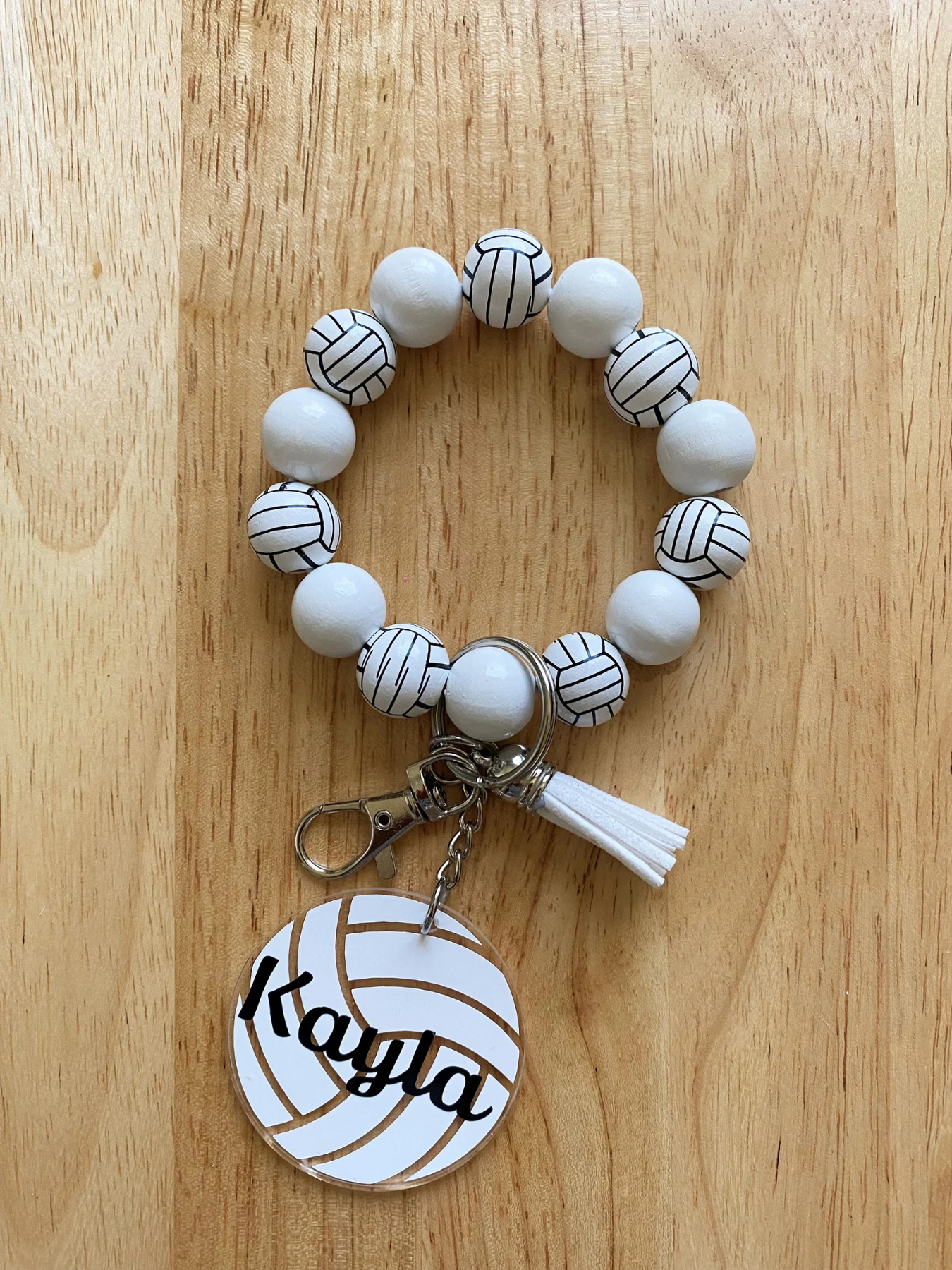 1 Piece Custom Name Sports Keychain Wristlet – Personalized Wood Bead Bracelet with Football & Volleyball Print, Name Engraved Wrist Strap, Gift for Athletes, Fans, or Coaches