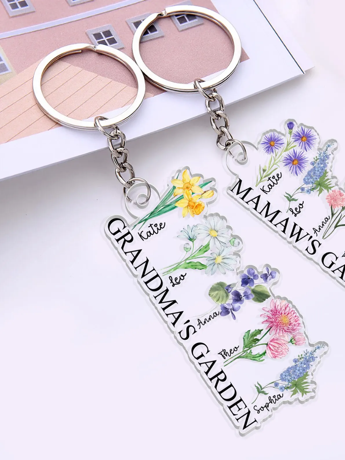 1-Pack Personalized Acrylic Mama Keychain Customizable Title and Names Floral Garden Design Round Shape Mother's Gift with Gift Box Christmas Birthday Mother's Day Present for Mom Grandma Nana Auntie  