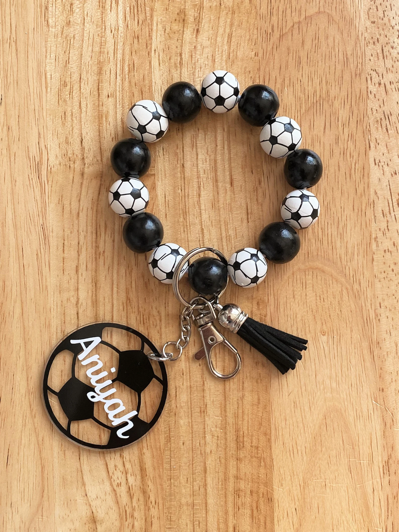 1 Piece Custom Name Sports Keychain Wristlet – Personalized Wood Bead Bracelet with Football & Volleyball Print, Name Engraved Wrist Strap, Gift for Athletes, Fans, or Coaches