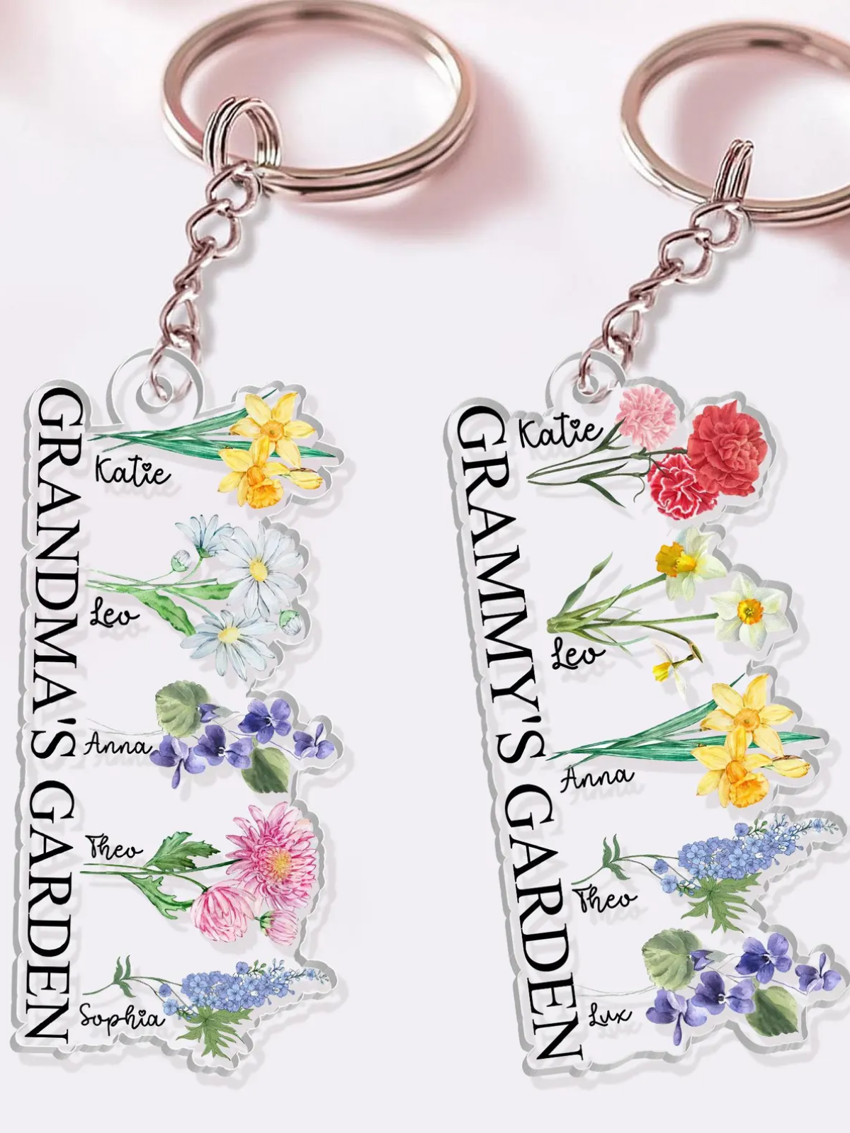 1-Pack Personalized Acrylic Mama Keychain Customizable Title and Names Floral Garden Design Round Shape Mother's Gift with Gift Box Christmas Birthday Mother's Day Present for Mom Grandma Nana Auntie  