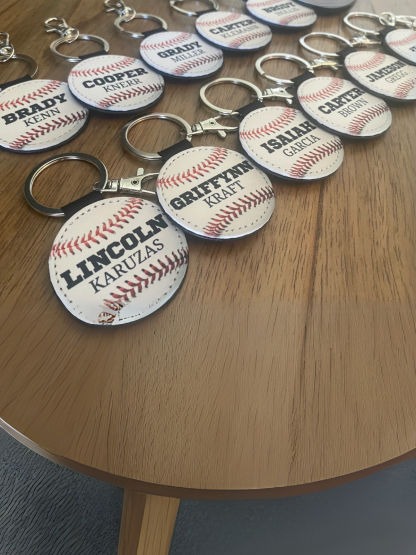 1PC Compact Custom Name Baseball Keychain,Personalized Faux Leather Sports Key Ring for Him, Classic Baseball Stitch Design with Engraved Name or Jersey Number, Durable Handmade Round Key Fob with Red Stitch Embroidery, Minimalist Sports Gift for Coach, T