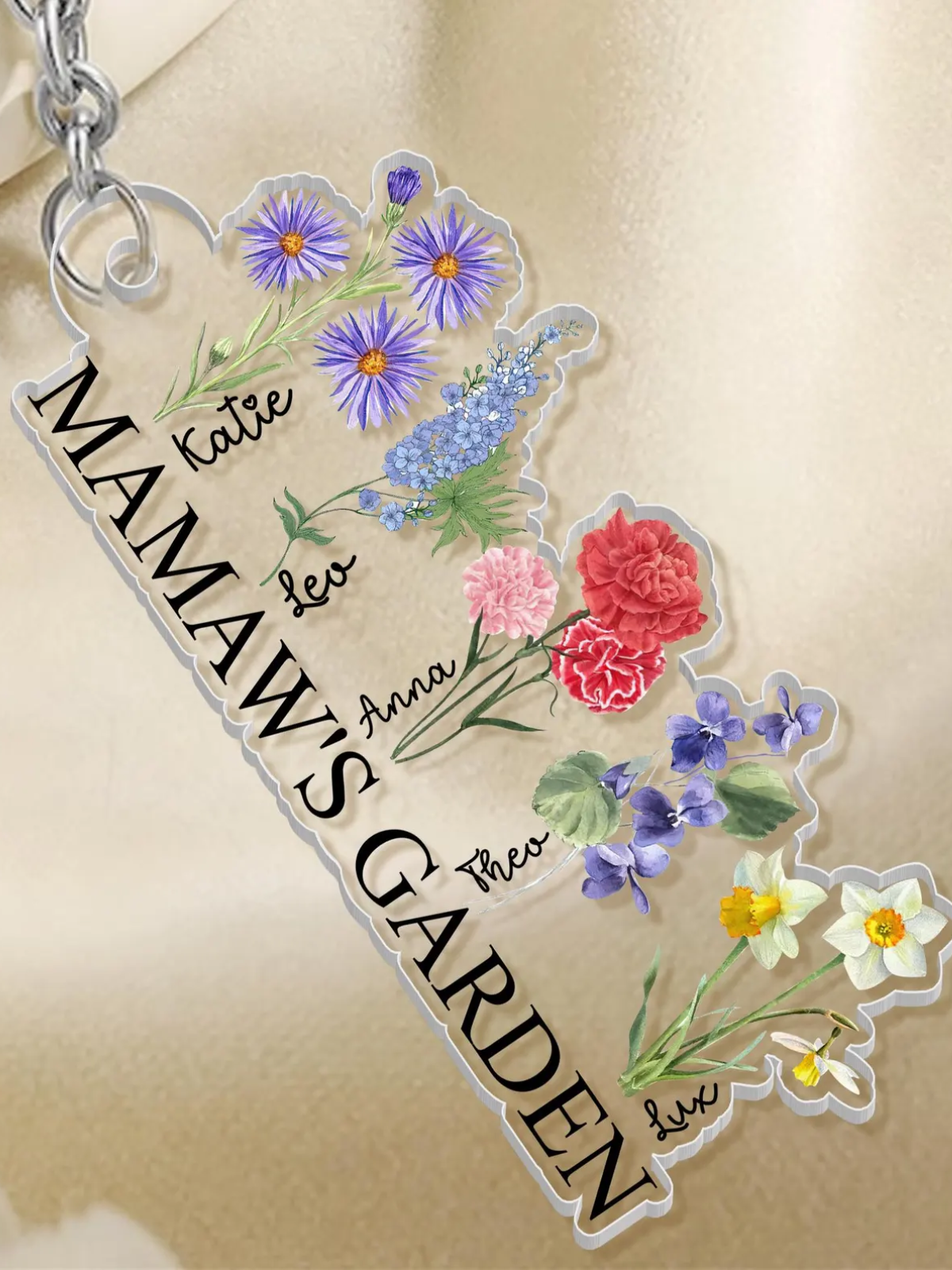 1-Pack Personalized Acrylic Mama Keychain Customizable Title and Names Floral Garden Design Round Shape Mother's Gift with Gift Box Christmas Birthday Mother's Day Present for Mom Grandma Nana Auntie  