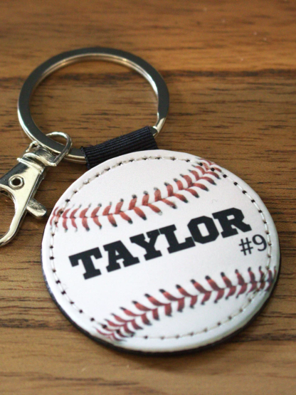 1PC Compact Custom Name Baseball Keychain,Personalized Faux Leather Sports Key Ring for Him, Classic Baseball Stitch Design with Engraved Name or Jersey Number, Durable Handmade Round Key Fob with Red Stitch Embroidery, Minimalist Sports Gift for Coach, T