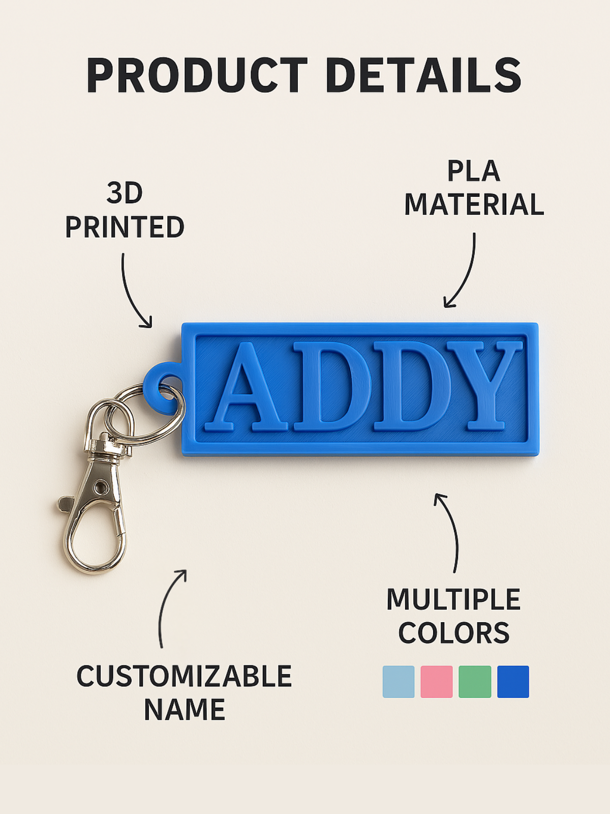 1 Piece Customizable Name Keychain or Zipper Pull, Choose your color and name!