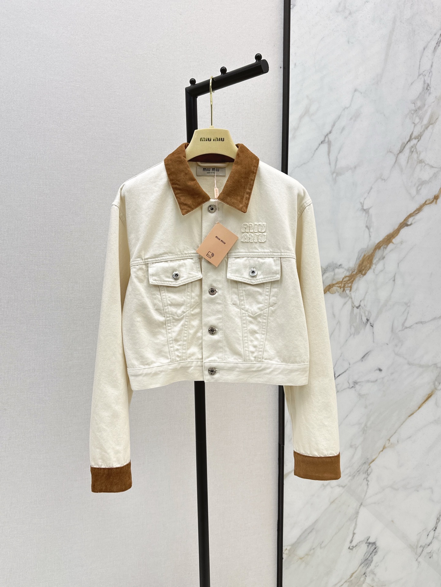 miumiu デニムとレザーのブルゾンジャケット