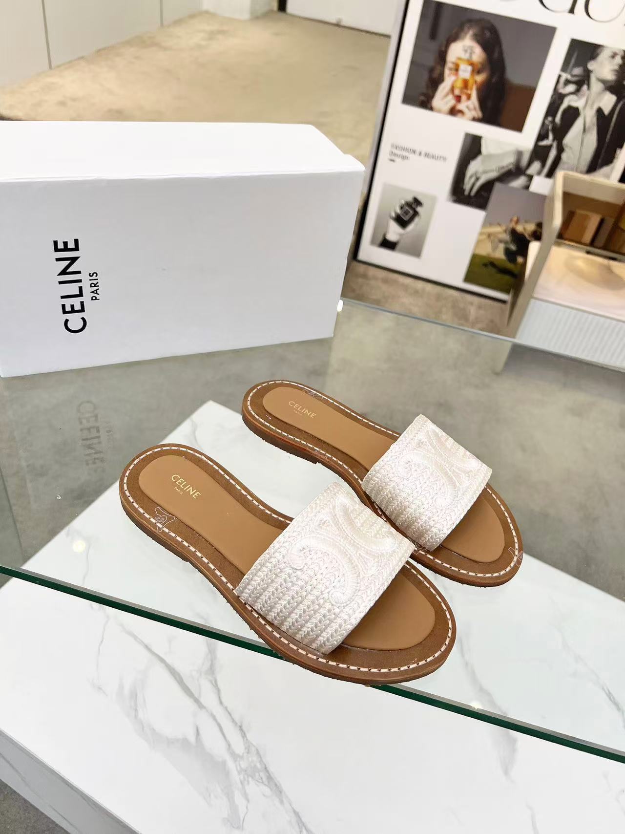 CELINE リンピア ミュール / エンブロイダリーコットンキャンバス