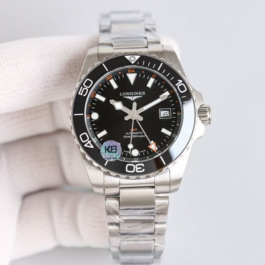 LONGINES  ロンジン  HYDROCONQUEST GMT, L3.790.4.56.6, 自動巻 ウォッチ, Ø 41.00 mm, ステンレススティールとセラミック.