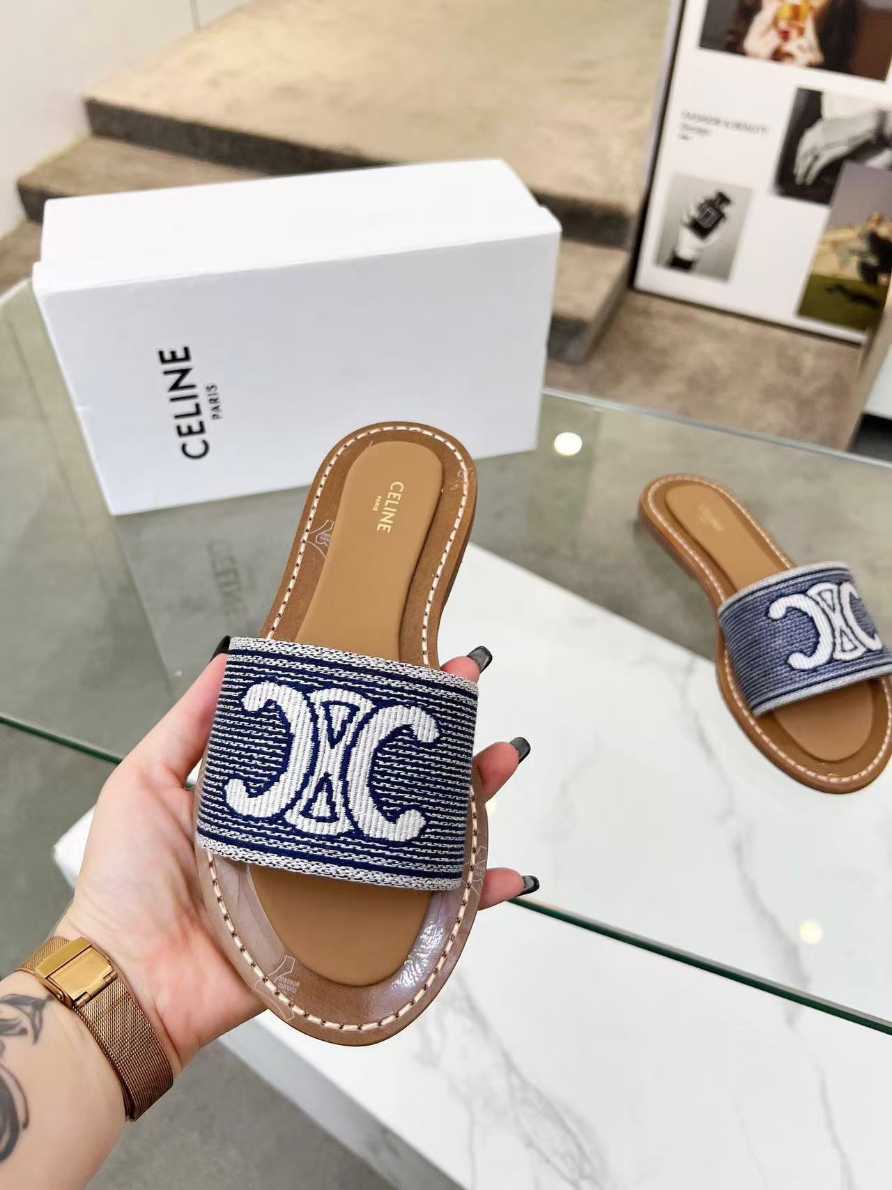 CELINE リンピア ミュール / トリオンフ ストライプテキスタイル