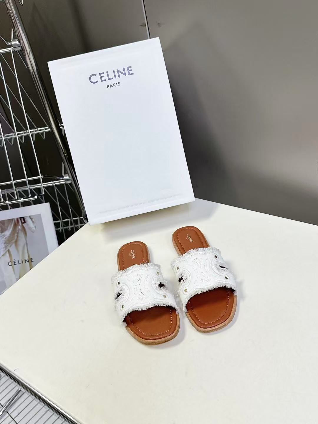 CELINE マリナ ミュール / フリンジ付きキャンバス