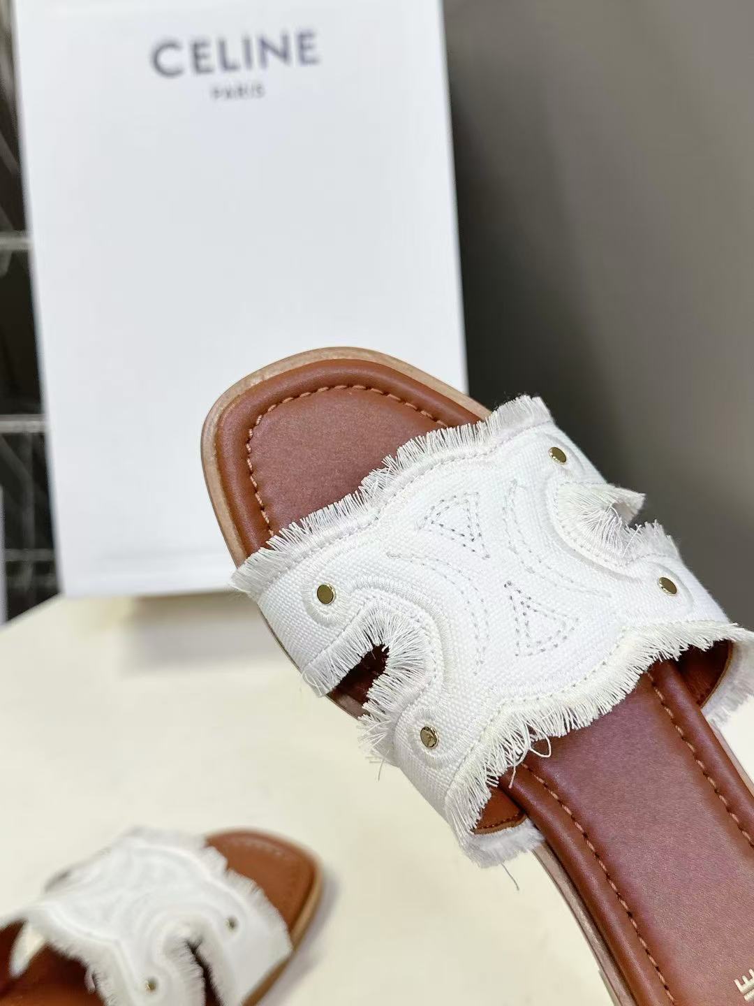 CELINE マリナ ミュール / フリンジ付きキャンバス