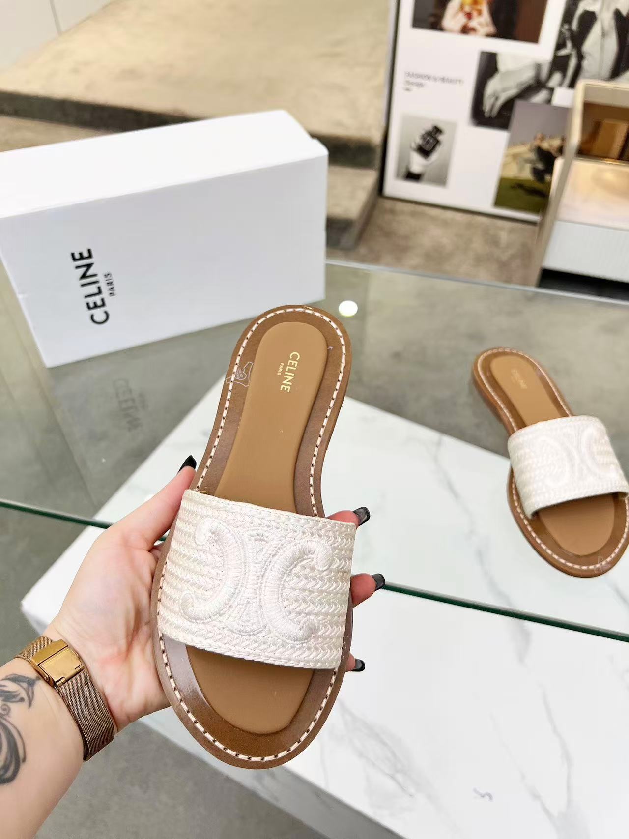 CELINE リンピア ミュール / エンブロイダリーコットンキャンバス