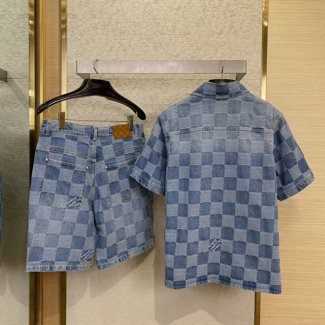 LV ダミエ3D ライトデニムショートスリーブシャツ+ダミエ3D ライトデニムショーツ