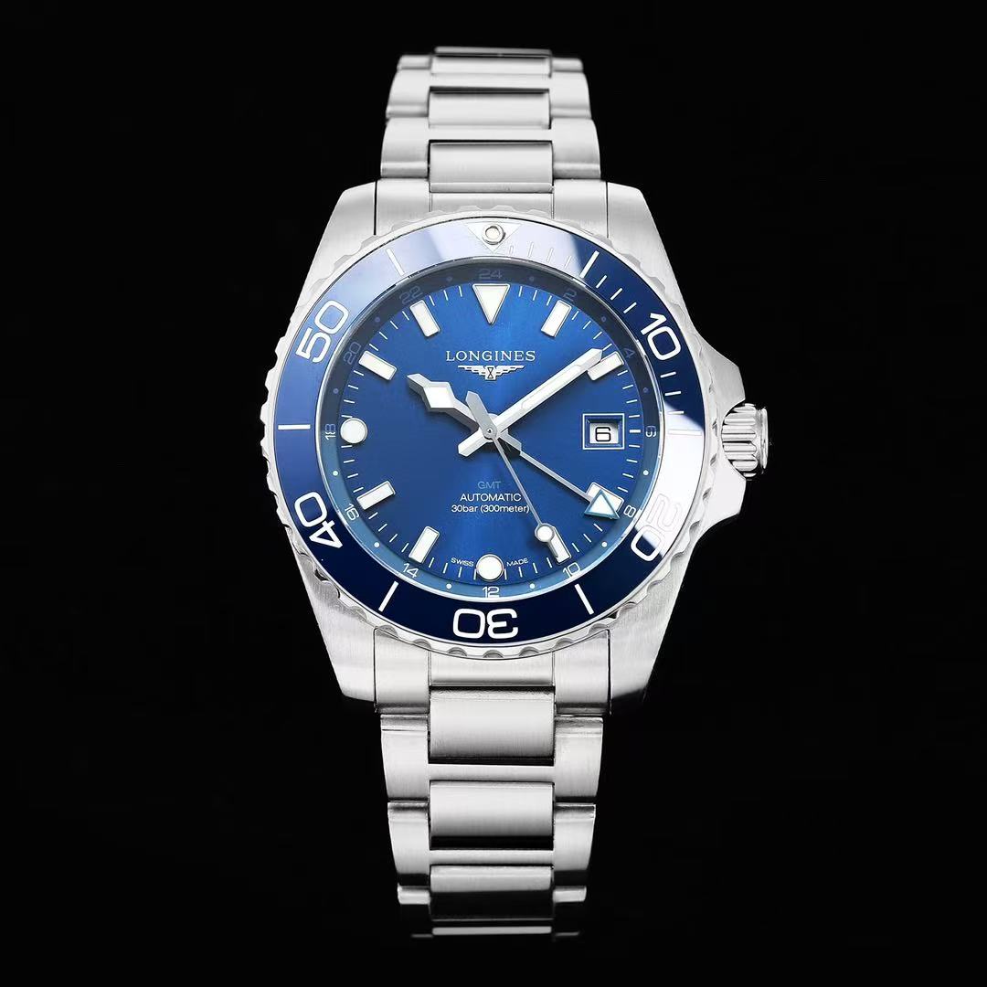LONGINES  ロンジン  HYDROCONQUEST GMT, L3.790.4.96.6, 自動巻 ウォッチ, Ø 41.00 mm, ステンレススティールとセラミック.