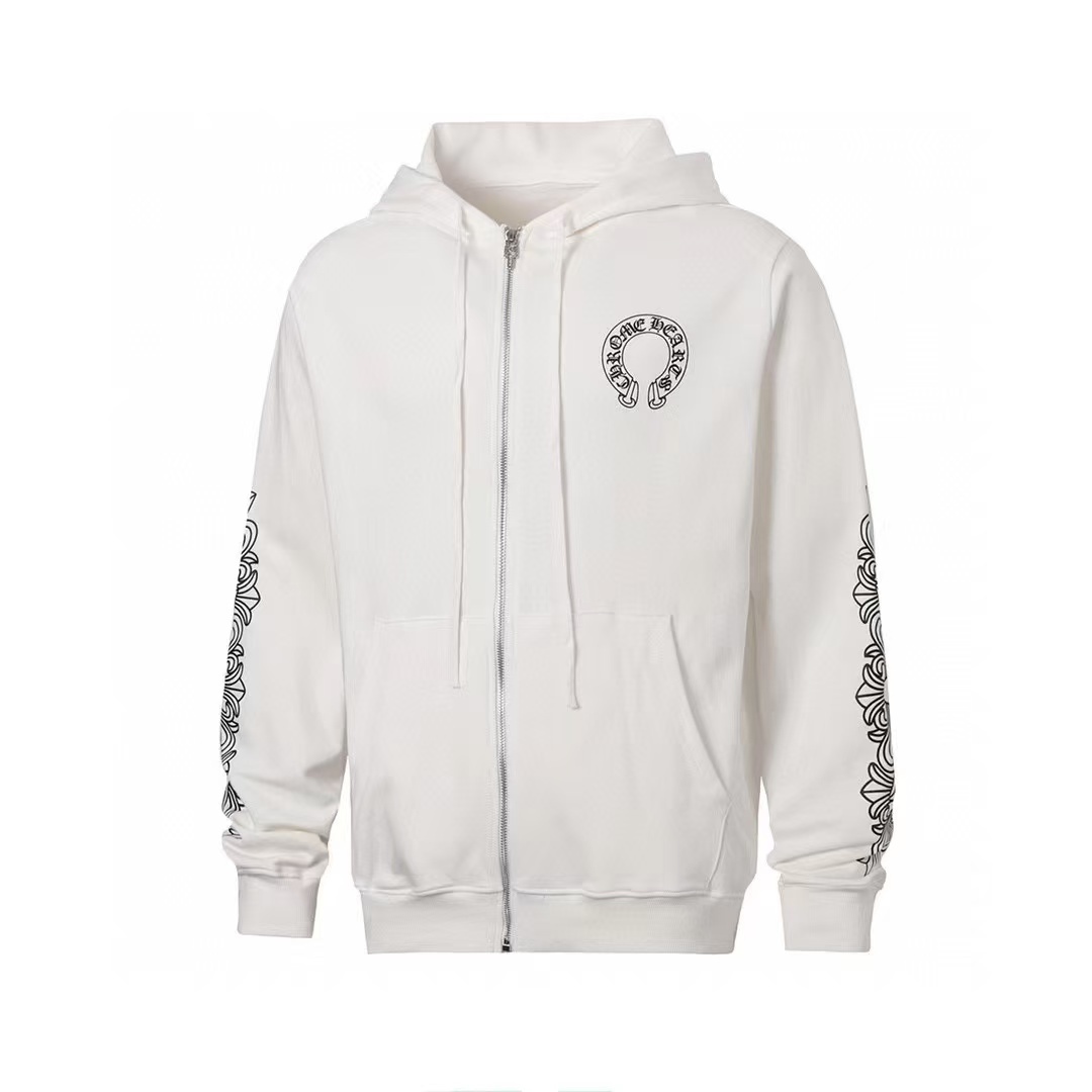CHROME HEARTS (クロムハーツ) SWTSHRT HD ZIP 袖フローラル バックホースシュープリント ジップアップパーカー