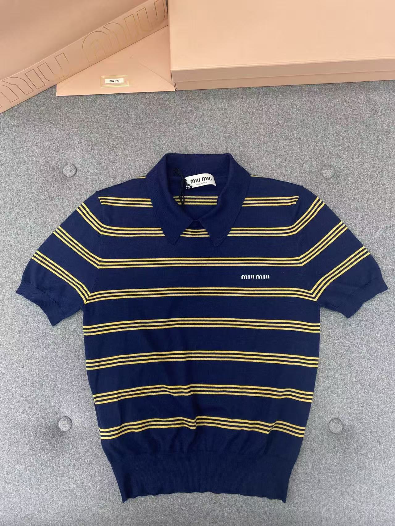 MIUMIU ストライプ カシミヤxシルク ポロセーター