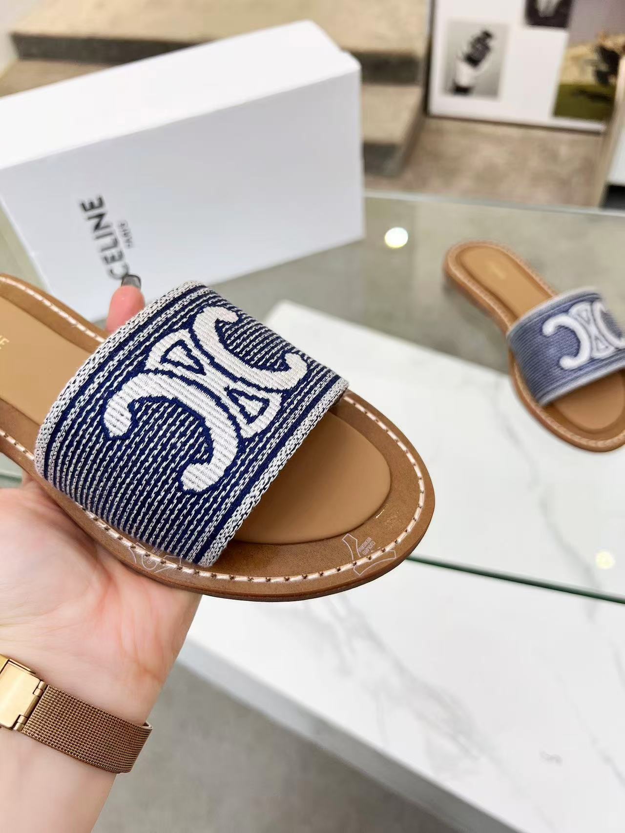 CELINE リンピア ミュール / トリオンフ ストライプテキスタイル