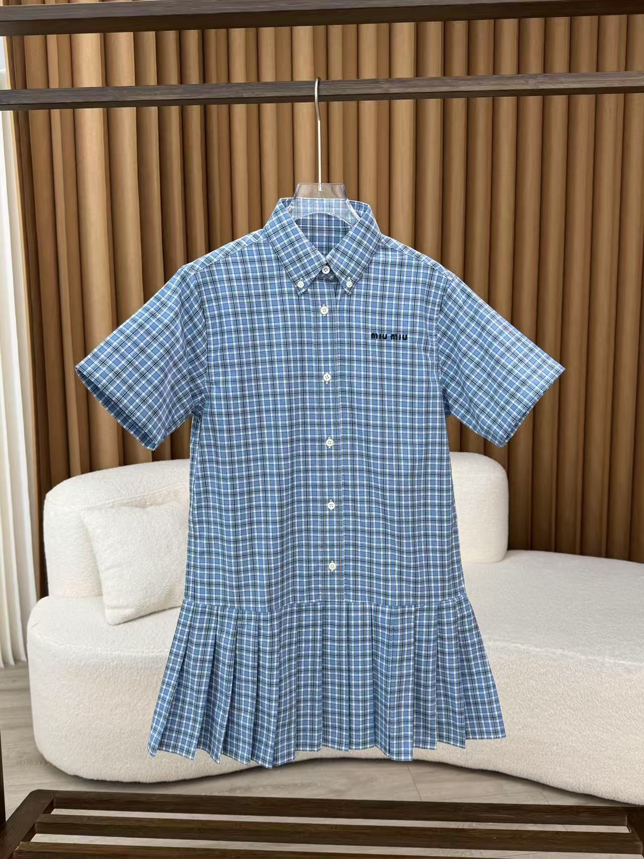 MIUMIU プリーツ入り チェック ポプリン ドレス