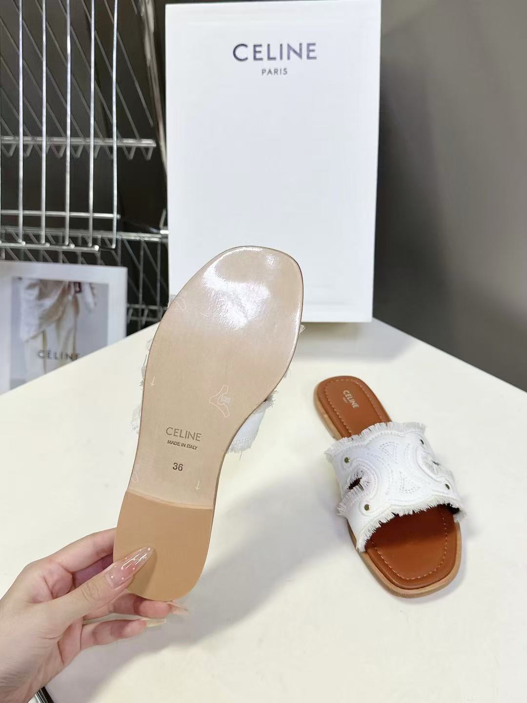 CELINE マリナ ミュール / フリンジ付きキャンバス