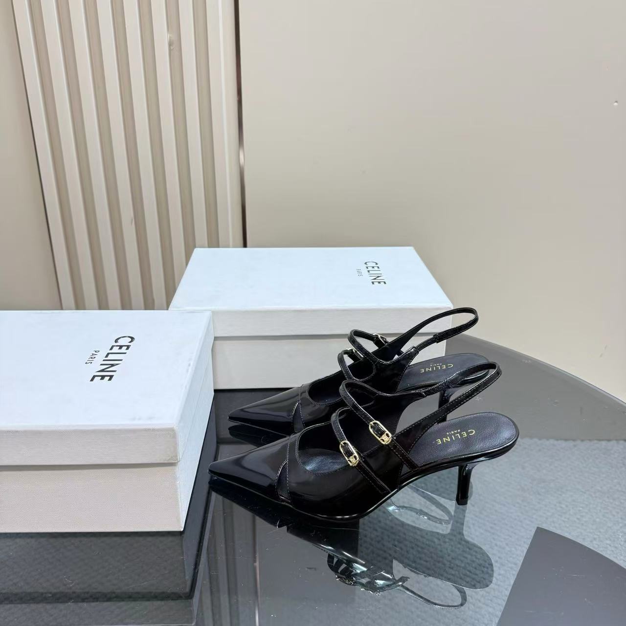 CELINE ジュディ ダブルストラップ メリージェーン スリングバック / パテントカーフスキン