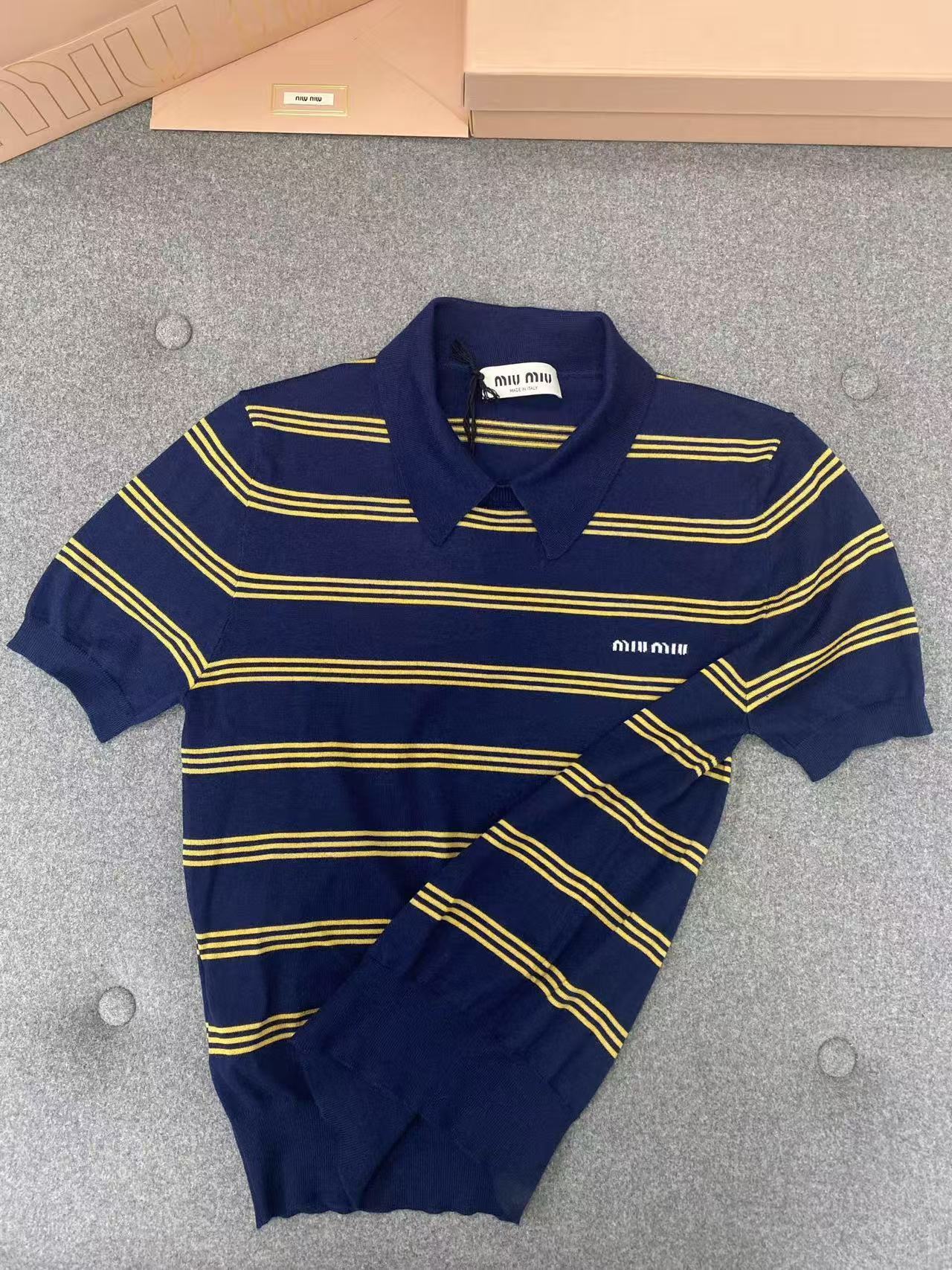 MIUMIU ストライプ カシミヤxシルク ポロセーター