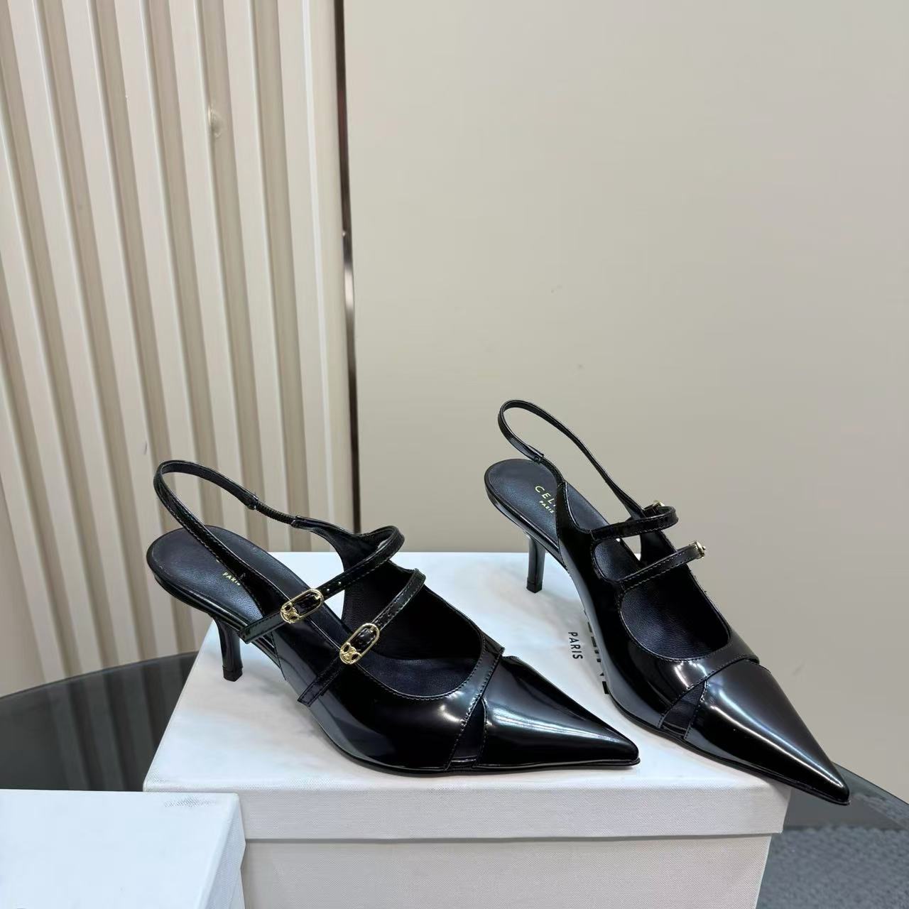 CELINE ジュディ ダブルストラップ メリージェーン スリングバック / パテントカーフスキン