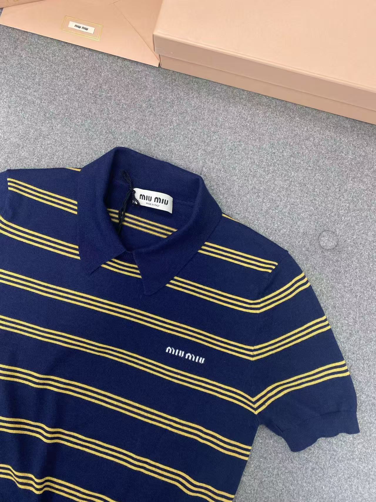 MIUMIU ストライプ カシミヤxシルク ポロセーター