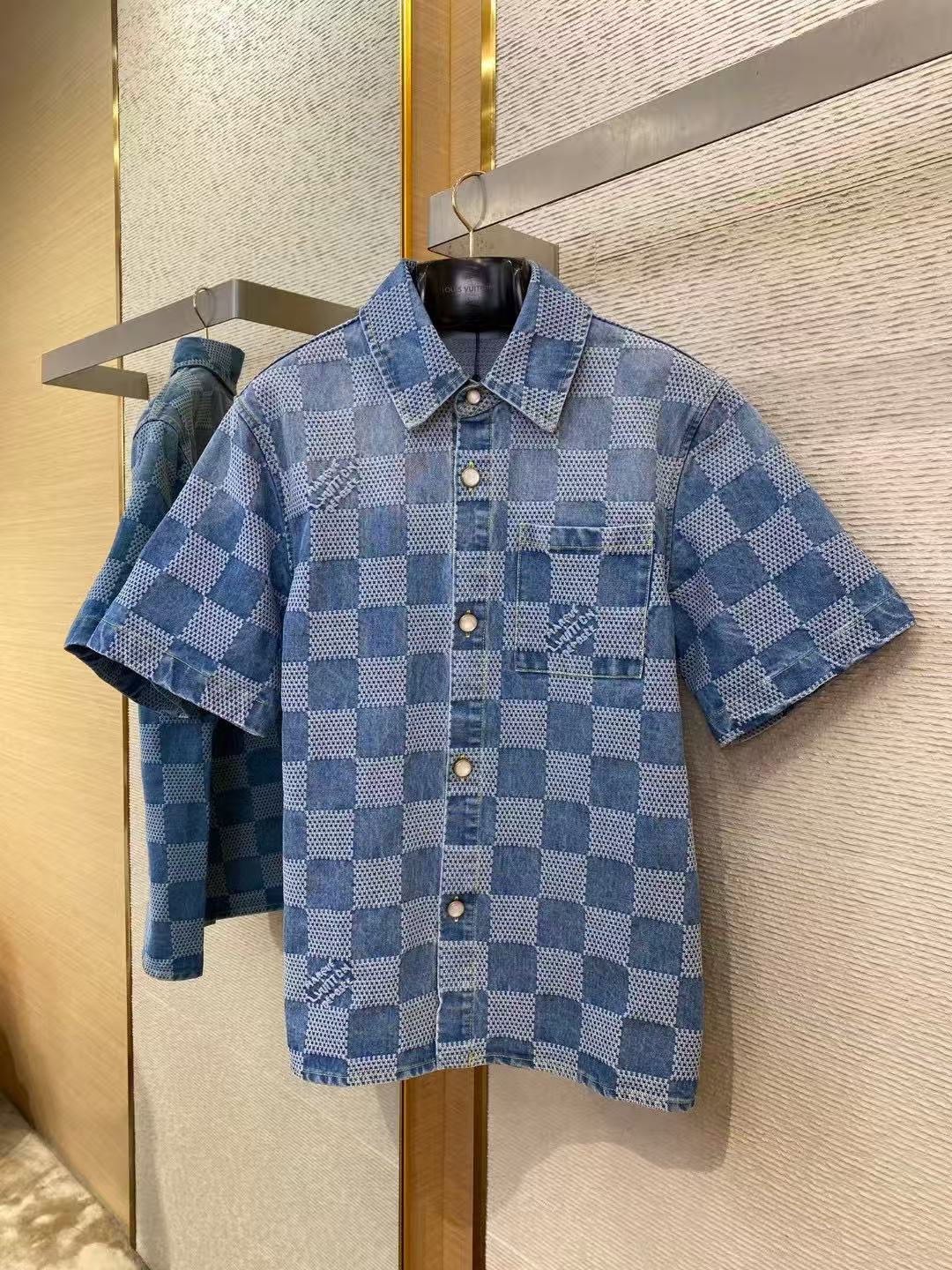 LV ダミエ3D ライトデニムショートスリーブシャツ+ダミエ3D ライトデニムショーツ