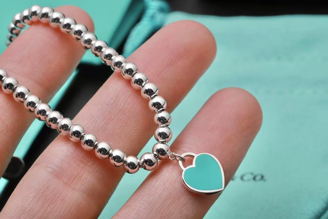 ビーズ ブレスレット シルバーにダイヤモンドをセッティング、ティファニー ブルー 