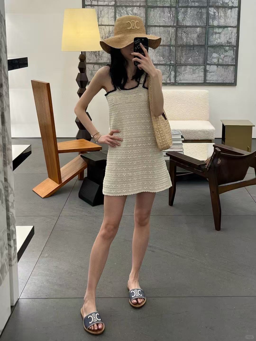 CELINE トリオンフ クロシェ ミニドレス / コットン