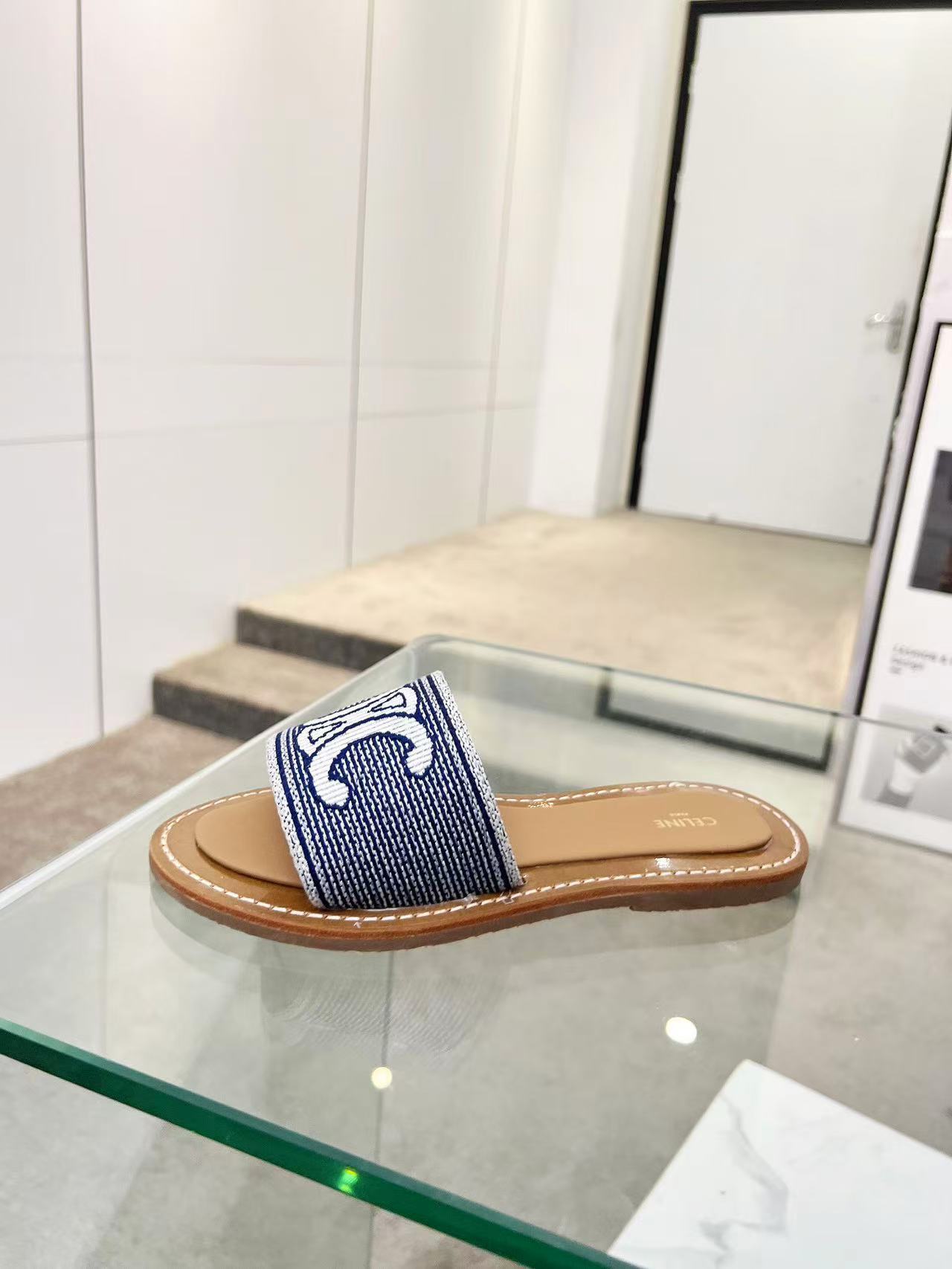 CELINE リンピア ミュール / トリオンフ ストライプテキスタイル