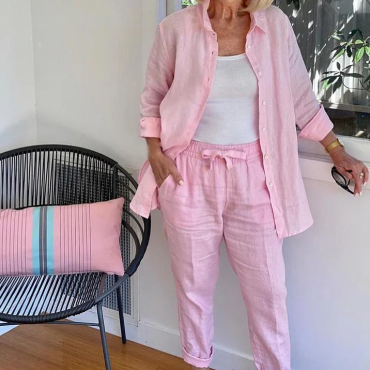 In Stock Amazon Cross-Border 2025 Spring and Autumn New Women's Solid Color Casual Set Long Sleeve Long Pants Two-Piece Set