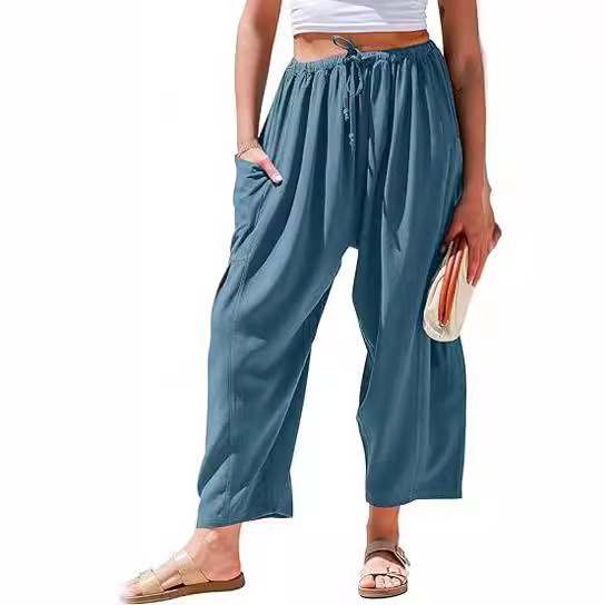 2025 Amazon TEMU European and American Women's Fashion Elastic Waist Pleated High Waist Wide Leg Loose Harem Cotton Linen Long Pants