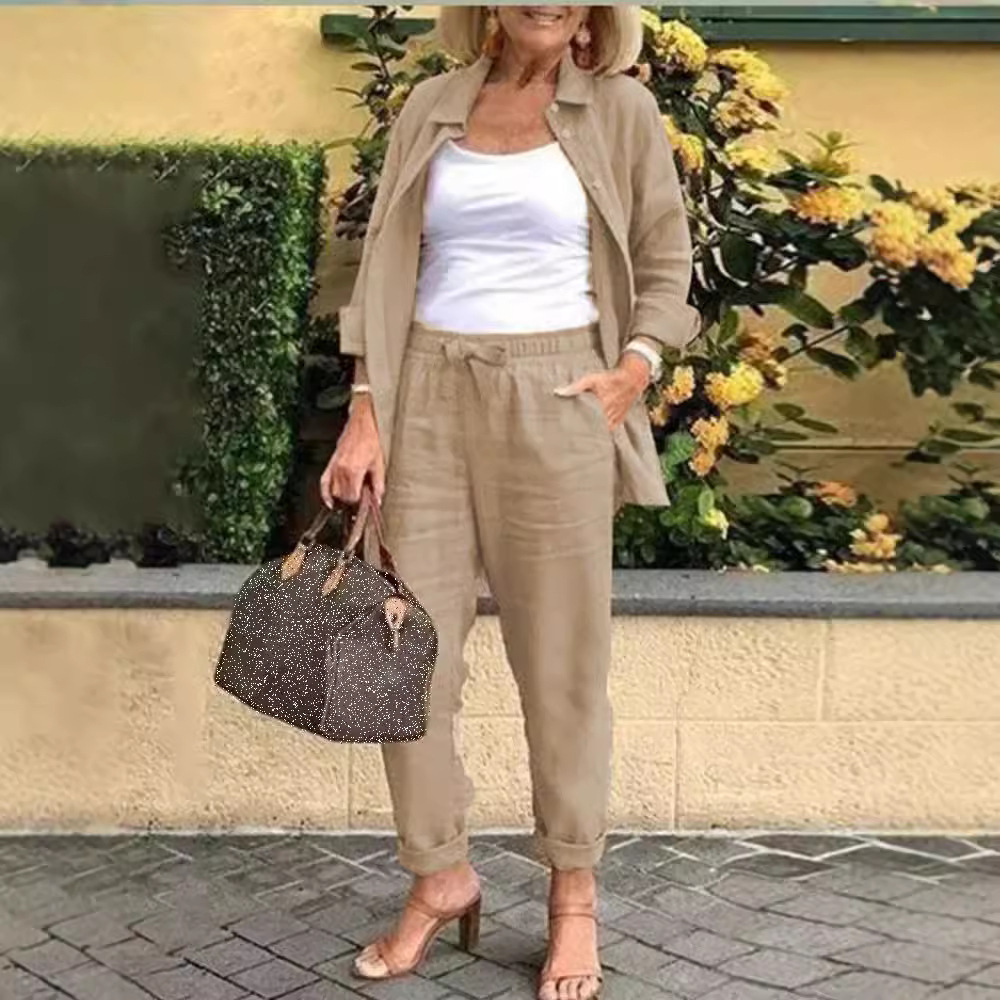 In Stock Amazon Cross-Border 2025 Spring and Autumn New Women's Solid Color Casual Set Long Sleeve Long Pants Two-Piece Set