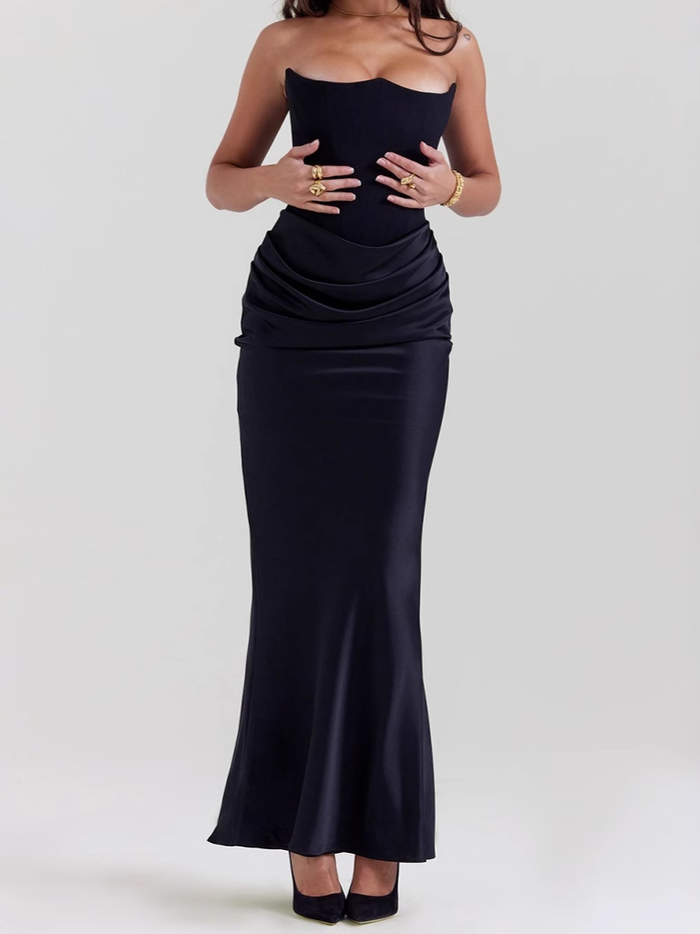 2025 European and American Cross-Border Spring and Summer New Waist-Cinching Bodycon Long Dress Satin Tube Top Pleated Patchwork Dress Women's Fashion