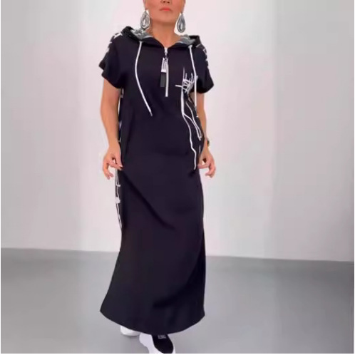 Amazon Cross-Border Summer New Fashion Casual Women's Dress for Middle-Aged Moms with Patchwork Zipper and Hooded Design