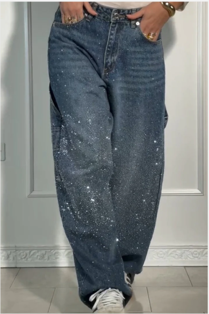  Women's loose casual jeans with rhinestones