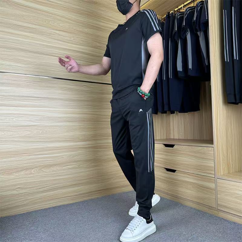2025 Summer Elastic Trend Casual Sports Suit Men's Thin Ice Silk Two-Piece Suit Slim Fit Fashion Sportswear