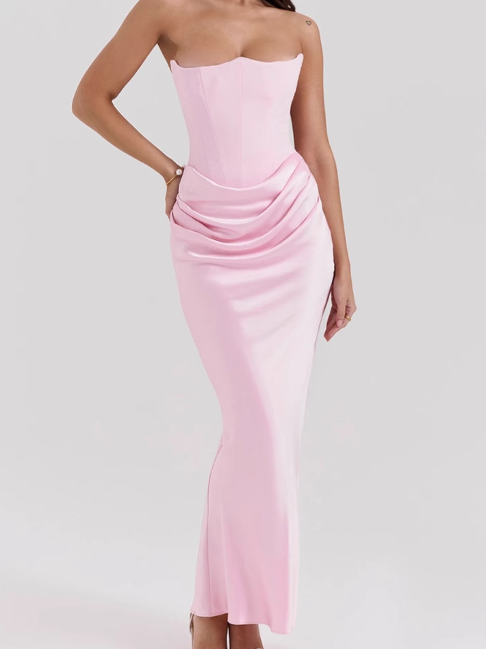 2025 European and American Cross-Border Spring and Summer New Waist-Cinching Bodycon Long Dress Satin Tube Top Pleated Patchwork Dress Women's Fashion