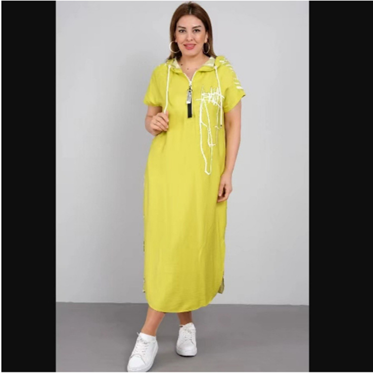 Amazon Cross-Border Summer New Fashion Casual Women's Dress for Middle-Aged Moms with Patchwork Zipper and Hooded Design