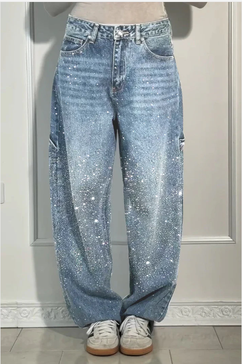  Women's loose casual jeans with rhinestones