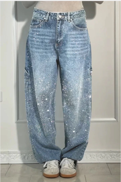  Women's loose casual jeans with rhinestones