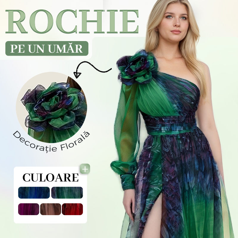 ✨【Slimming Wizard】Elegant Printed One Shoulder Dress✨ | Illusion Diagonal Stitching | Butterfly Sleeves Covering Arms | Back Zipper for Perfect Fit