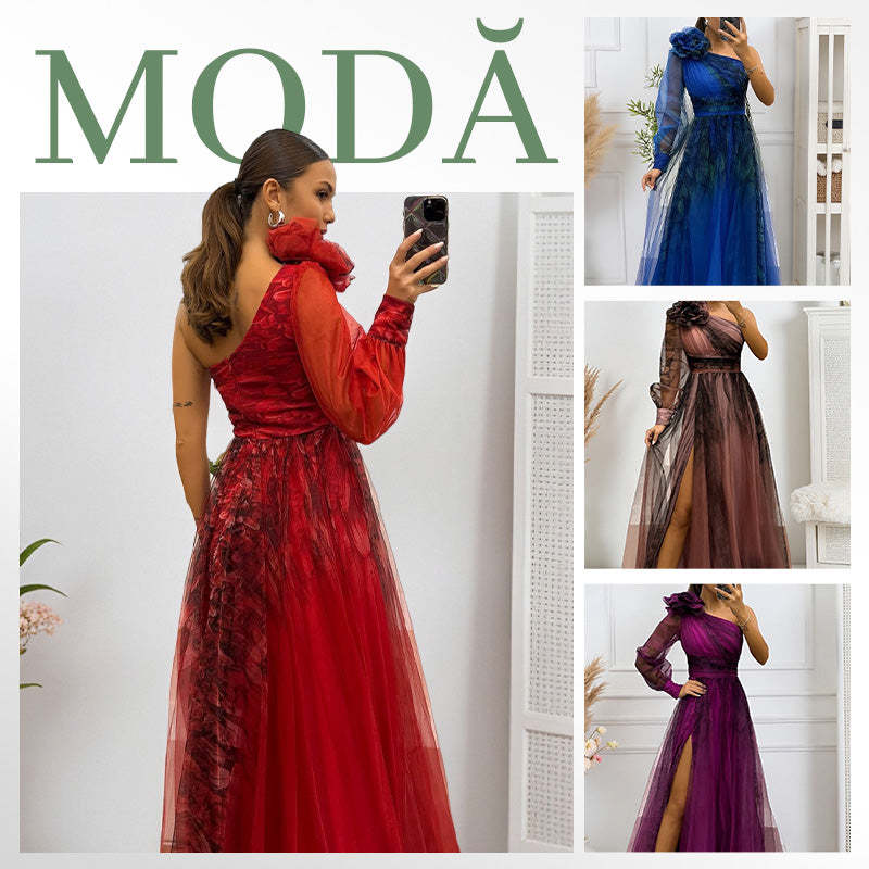 ✨【Slimming Wizard】Elegant Printed One Shoulder Dress✨ | Illusion Diagonal Stitching | Butterfly Sleeves Covering Arms | Back Zipper for Perfect Fit