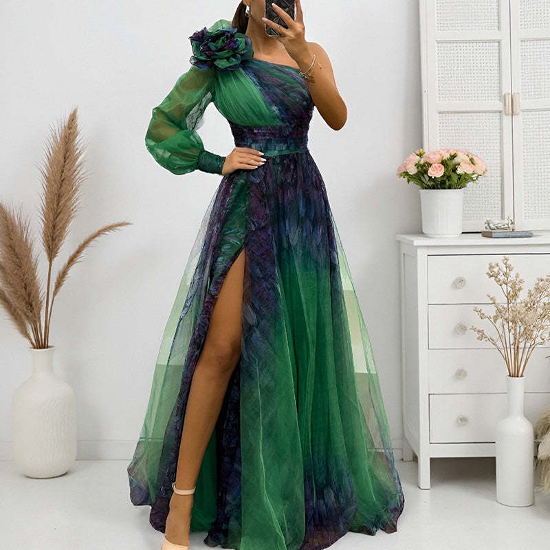 ✨【Slimming Wizard】Elegant Printed One Shoulder Dress✨ | Illusion Diagonal Stitching | Butterfly Sleeves Covering Arms | Back Zipper for Perfect Fit