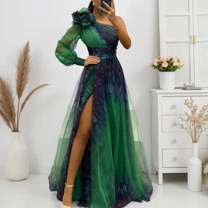 ✨【Slimming Wizard】Elegant Printed One Shoulder Dress✨ | Illusion Diagonal Stitching | Butterfly Sleeves Covering Arms | Back Zipper for Perfect Fit