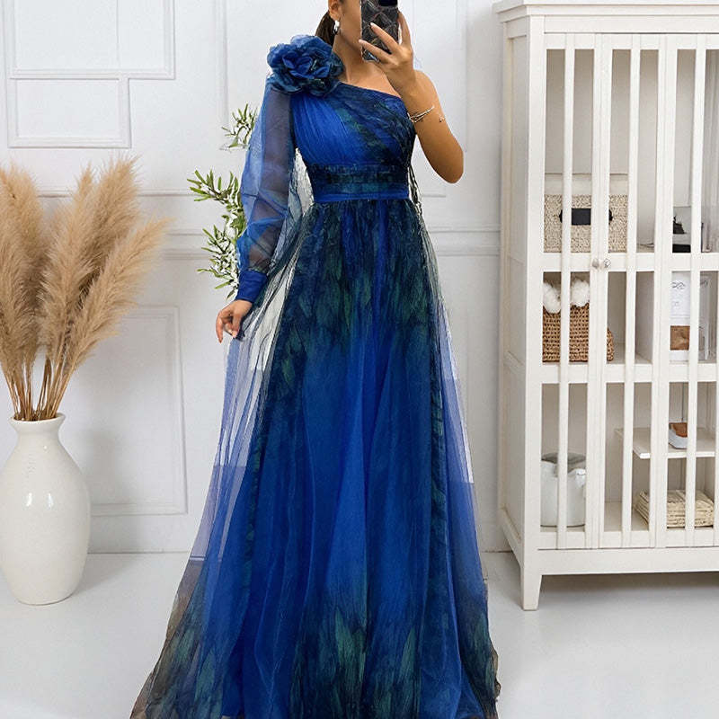 ✨【Slimming Wizard】Elegant Printed One Shoulder Dress✨ | Illusion Diagonal Stitching | Butterfly Sleeves Covering Arms | Back Zipper for Perfect Fit