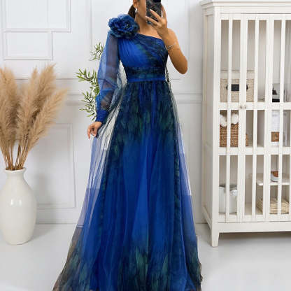✨【Slimming Wizard】Elegant Printed One Shoulder Dress✨ | Illusion Diagonal Stitching | Butterfly Sleeves Covering Arms | Back Zipper for Perfect Fit
