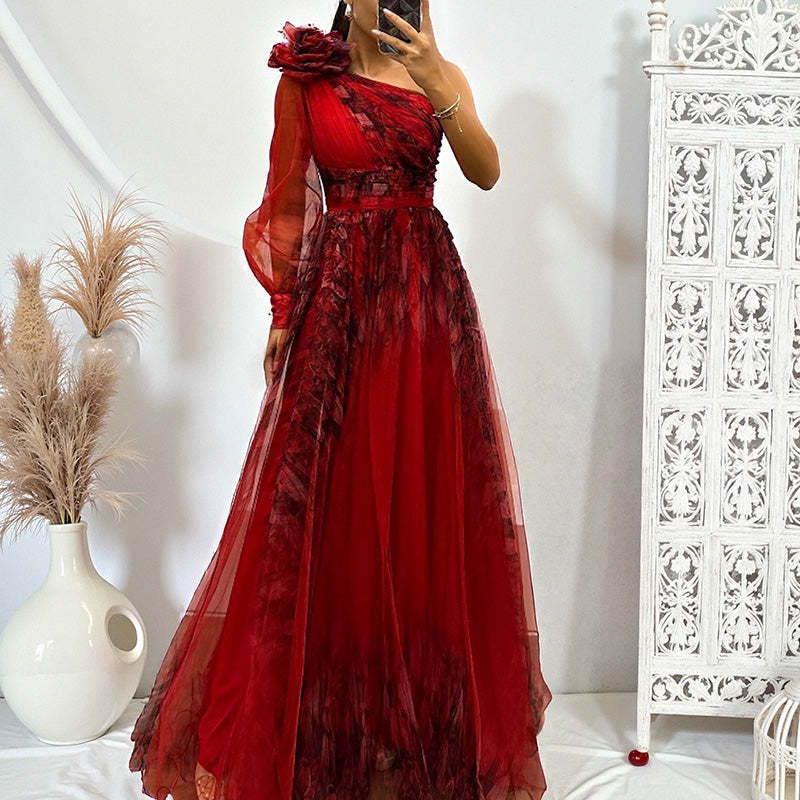 ✨【Slimming Wizard】Elegant Printed One Shoulder Dress✨ | Illusion Diagonal Stitching | Butterfly Sleeves Covering Arms | Back Zipper for Perfect Fit
