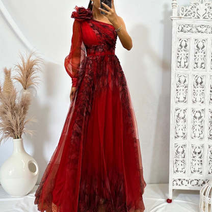 ✨【Slimming Wizard】Elegant Printed One Shoulder Dress✨ | Illusion Diagonal Stitching | Butterfly Sleeves Covering Arms | Back Zipper for Perfect Fit