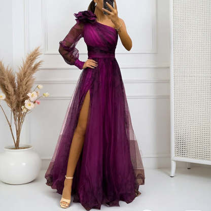 ✨【Slimming Wizard】Elegant Printed One Shoulder Dress✨ | Illusion Diagonal Stitching | Butterfly Sleeves Covering Arms | Back Zipper for Perfect Fit